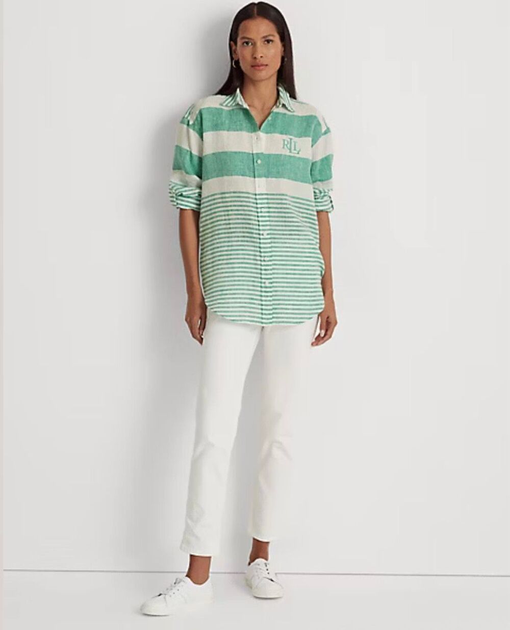 Lauren Ralph Lauren Oversized Striped Linen Shirt Green White Size M - Picture 3 of 12